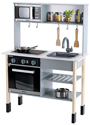 Theo Klein 7199 Cocina Miele, Cocina blanca de madera que incluye placa de cocción con luz y sonido