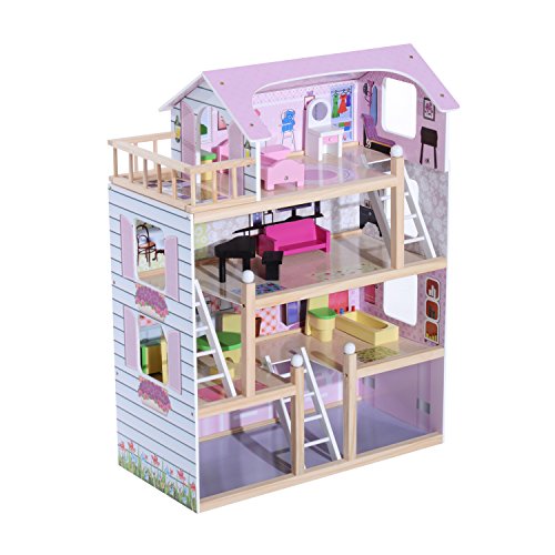HOMCOM Casa de Muñecas con Muebles Mobiliario Casita Muñeca Jueguetes Madera con...