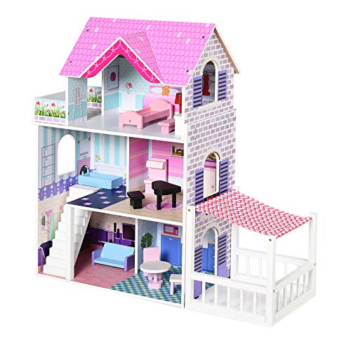 HOMCOM Casa de Muñecas de 3 Pisos con Patio Muebles Accesorios Completos...